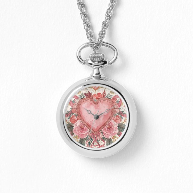 Relógio Luxury,Valentine, Love Pink Heart ,Flowers Pattern (Frente)