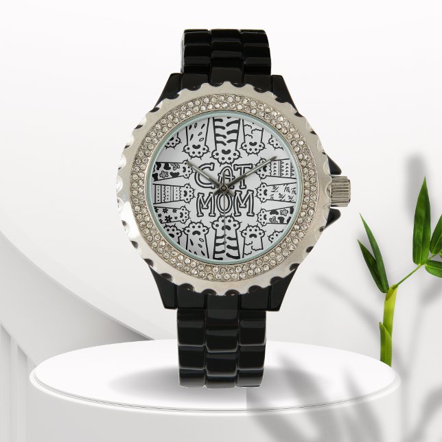 Relógio Mãe de gato preto e branco com patas de gato (Criador carregado)