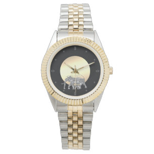 Relógio Mãe e bebê elefante no sol de pôr