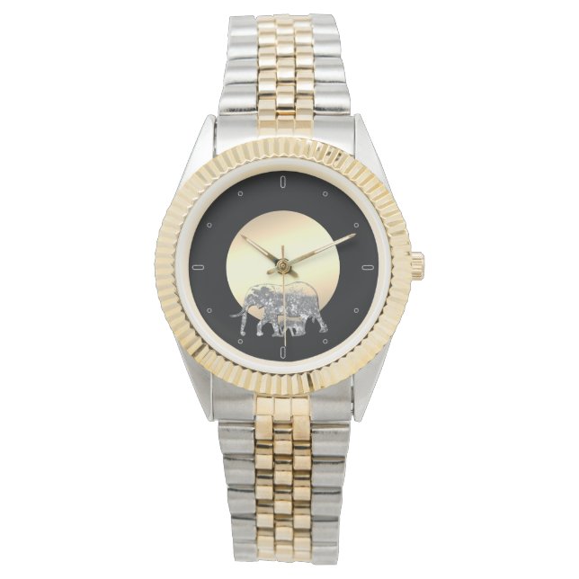 Relógio Mãe e bebê elefante no sol de pôr (Frente)