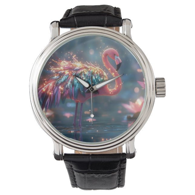 Relógio Magia Flamingo Fantasy Art com Pena Colorida (Frente)