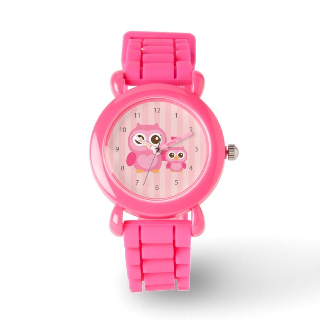 Relógio Mamãe e Eu, Coruja Bebê Fofa, Rosa (Frente)