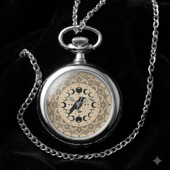Relógio Mandala de Fase Lunar do Corvo Místico Arte Celest (Raven moon phase watch for celestial lovers, ideal for gifting.)