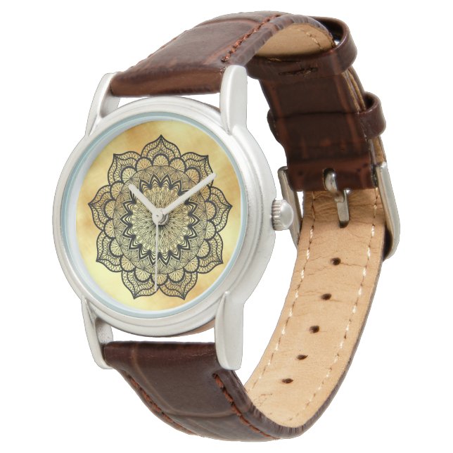 Relógio Mandala Preto em Fundo Dourado Suave (Angular)