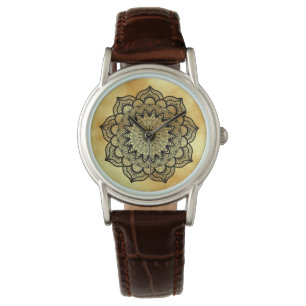 Relógio Mandala Preto em Fundo Dourado Suave