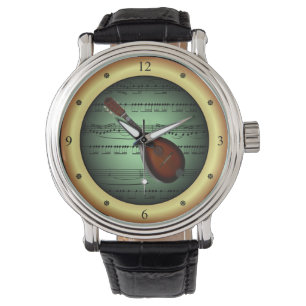 Relógio Mandolin ~ Sheet Music ~ Verde/Dourado Background 