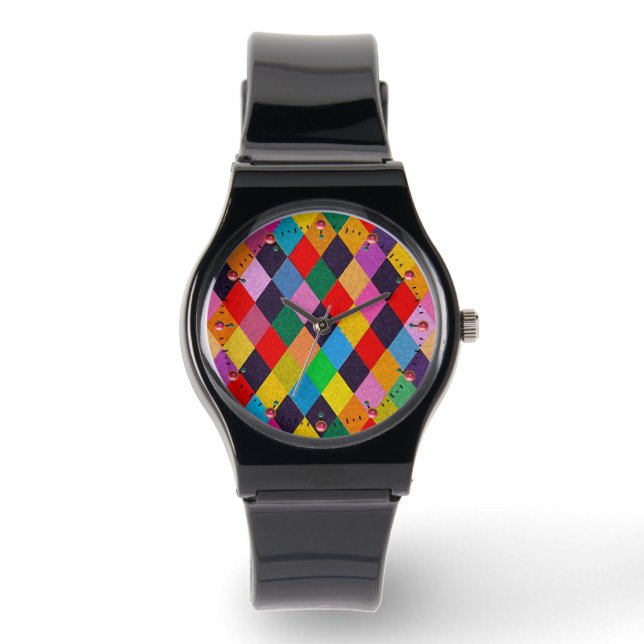 Relógio MARDI GRAS HARLEQUIN PATTERN Colorida Rhombi Watc (Frente)
