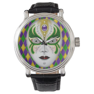 Relógio Mardi Gras Mask on Harlequin Background