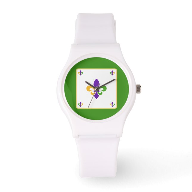 Relógio Mardi Gras Verde Dourado Lilás Fleur de Lis (Frente)