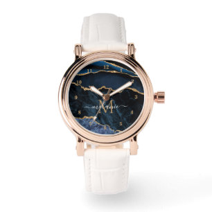 Relógio Marinho Azul Dourado mármore Personalizado Seu Nom