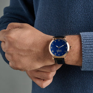 Relógio Marinho Azul Monograma Dourado Pasta Preta