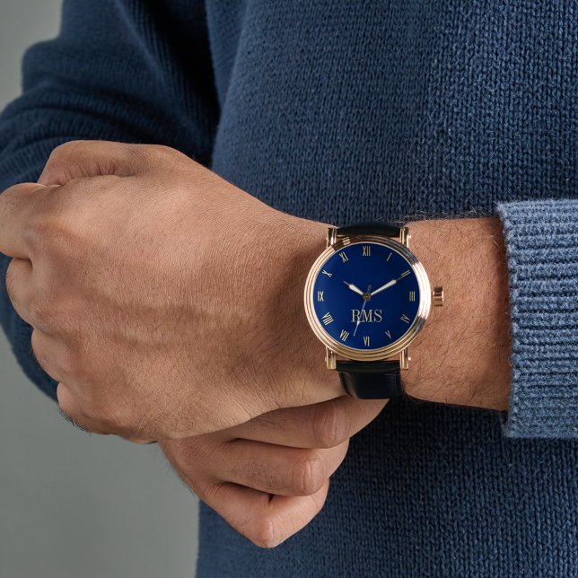 Relógio Marinho  Azul Monograma Dourado Pasta Preta (Mens Navy Blue Gold Monogram Black Leather Strap Watch)