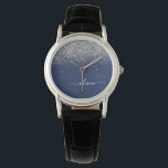Relógio Marinho de prata Blue Glitter Girly Monographic No<br><div class="desc">Marinho Blue e Silver Sparkle Script Monograma Name Watch. Isso faz a formatura perfeita,  aniversário,  casamento,  chá de panela,  aniversário,  chá de fraldas ou presente de festa de solteira para alguém que ama luxo de vidro e estilos quíticos.</div>