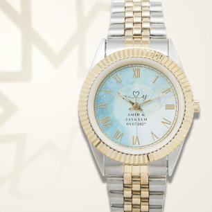 Relógio Mármore Azul Personalizado Masculino em Tom Duplo 