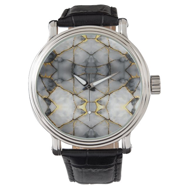 Relógio Mármore Branco e Dourado Rachado Moderno (Frente)