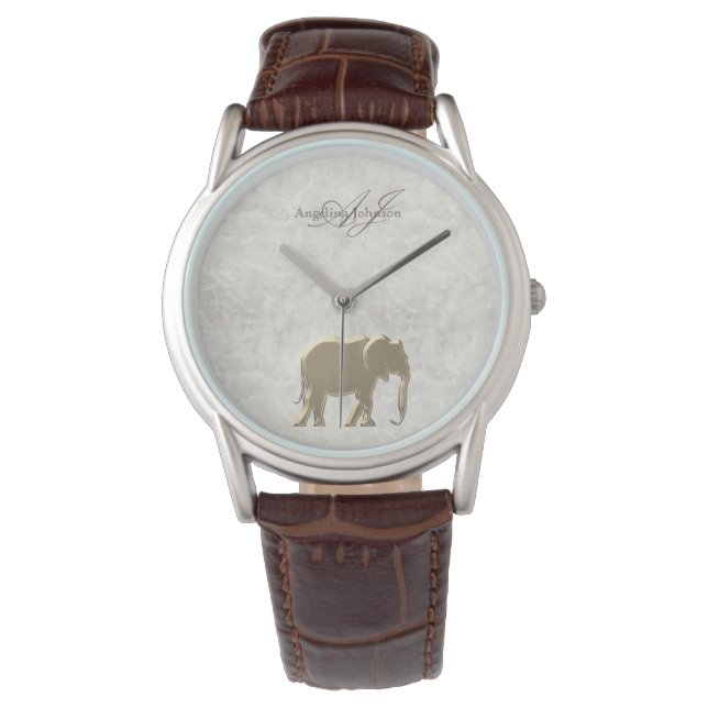 Relógio Mármore Elegante Dourado Elefante Monogramado Vint (Frente)