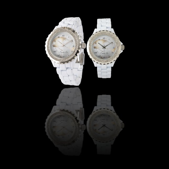 Relógio Mármore Falso Branco Dourado Elegante Personalizad (Criador carregado)