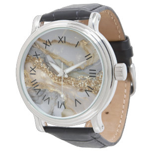 Relógio Mármore Flutuante Luxuoso Dourado e Branco