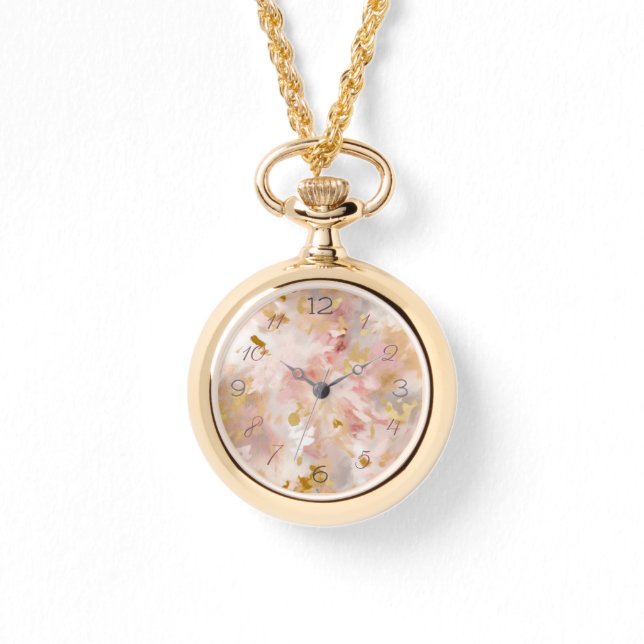 Relógio Mauve e Dourada Floral Abstrato Necklace Watch (Frente)