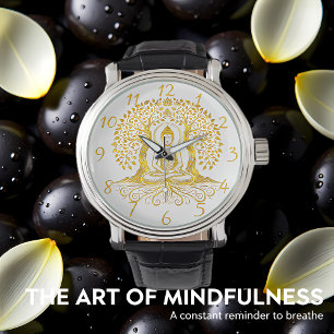 Relógio Meditação Buda ouro entre Árvores