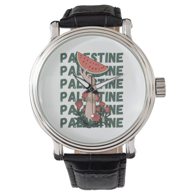 Relógio melancia, flores e texto palestino Repetir (Frente)