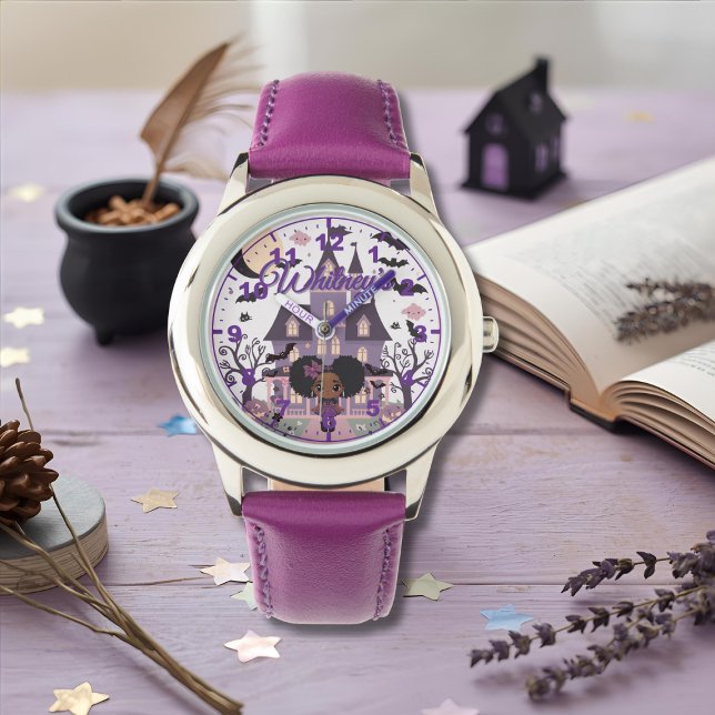 Relógio Menina Assustadora Afro Puff Roxo (Spooky Girl Purple afro puff Watch)