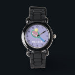 Relógio Meninas Batidas De Tênis De Esportes Roxos<br><div class="desc">Esta fofa e moderna criança assistindo apresenta uma raquete e bola de tênis,  com um fundo roxo. O relógio esportivo pode ser personalizado com o nome de suas garotas,  e números claros,  o presente perfeito para qualquer amante esportivo.</div>
