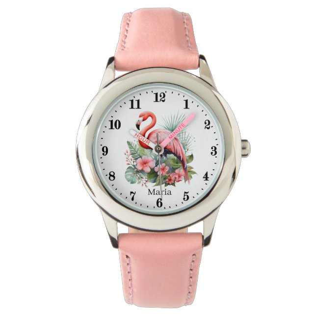 Relógio Meninas bonitas rosa flamingo adicionam nome (Frente)