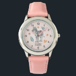 Relógio Meninas Cor de Água Rosa Safari Zebra e Crianças N<br><div class="desc">Este relógio de criança giro e tenra mostra um desenho de zebra,  e flores de aquarela,  e tem espaço para você adicionar o nome de suas meninas em uma bela tipografia. O presente perfeito para qualquer entusiasta animal safari.</div>