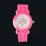 Relógio Meninas Cute Pink Boho Rainbow e Kids Name<br><div class="desc">Este relógio de criança giro e giro apresenta um desenho do arco-íris em um fundo rosa. Esta adorável design de boho também representa um lugar para você adicionar o nome da sua garota. Com números claros e facilmente legíveis, este 'primeiro' relógio é excelente para aqueles que começam a aprender o...</div>