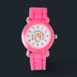 Relógio Meninas Cute Pink Boho Rainbow e Kids Name<br><div class="desc">Este relógio de criança giro e giro apresenta um desenho do arco-íris em um fundo rosa. Esta adorável design de boho também representa um lugar para você adicionar o nome da sua garota. Com números claros e facilmente legíveis, este 'primeiro' relógio é excelente para aqueles que começam a aprender o...</div>