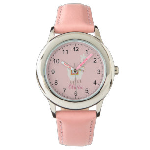 Relógio Meninas Cute Pink Llama Nome Personalizado Crianç
