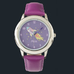 Relógio Meninas Cute Purple Rocket Ship Space and Name Kid<br><div class="desc">Este bonito e feminino observatório mostra um belo e colorido navio de foguete desenhado à mão no espaço,  com um fundo roxo. O design também oferece um lugar para você adicionar o nome da sua garota. Perfeito para qualquer criança ou criança!</div>
