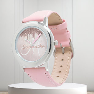 Relógio Meninas Douradas de rosa, Glitter Personalizadas