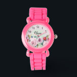 Relógio Meninas Flores Botânicas Cor-de-Rosa e Bonitas<br><div class="desc">Este lindo e feminino miúdos florais assistem a design apresenta flores cor-de-água rosa e lindas e números claros, e tem espaço para você escrever seu nome de meninas em uma fonte elegante. O presente botânico perfeito para o seu pequeno.</div>