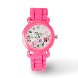 Relógio Meninas Flores Botânicas Cor-de-Rosa e Filhos