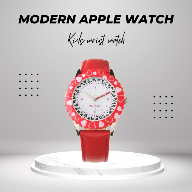 Relógio Meninas Personalizadas Nome Cães Cachorros Coraçõe (Criador carregado)