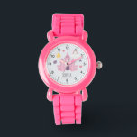 Relógio Meninas Rosa Princess Castle e Crown Kids<br><div class="desc">Esta adorável design mostra um castelo de princesa rosa,  coroa,  estrelas,  corações e flores,  e pode ser personalizada com o nome de suas meninas. O perfeito presente mágico rosa para o seu príncipe ou criança que ama a princesa!</div>