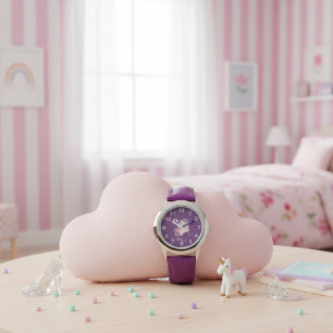 Relógio Meninas Unicórnio Roxo Fofo Arco-íris & Nome Crian