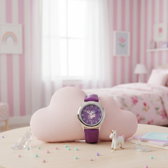Relógio Meninas Unicórnio Roxo Fofo Arco-íris & Nome Crian (Criador carregado)