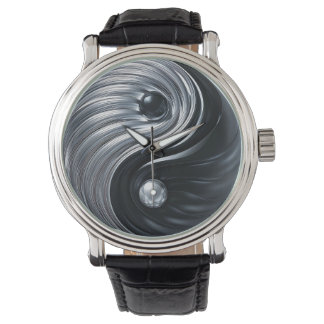 Relógio Metálico preto e prateado Yin Yang 3D