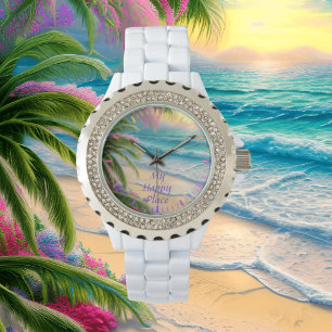 Relógio Meu Feliz Lugar Praia Rhinestone em Branco