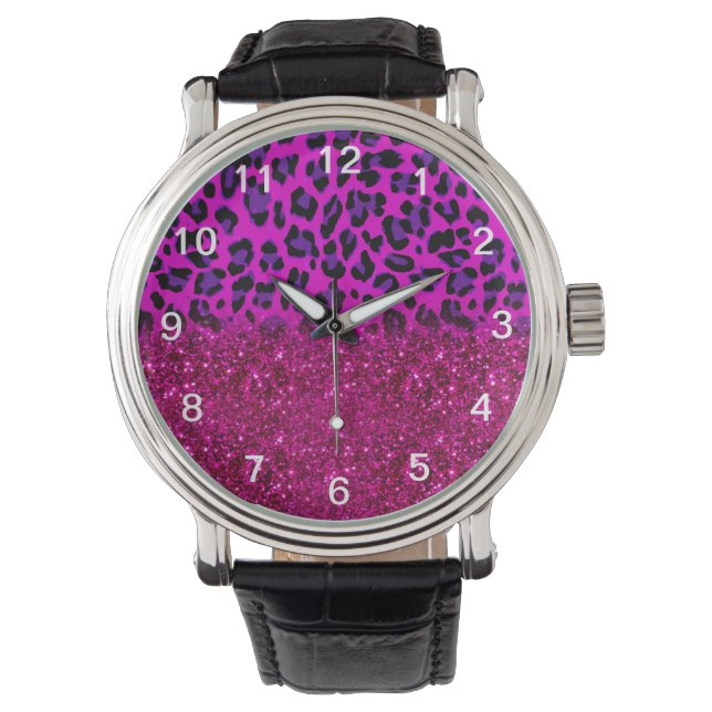 Relógio Moda Moderna Rosa Púrpura Leopardo-da-Lama (Frente)