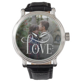 Relógio Modern Script Love Custom Engaged Couples Photo