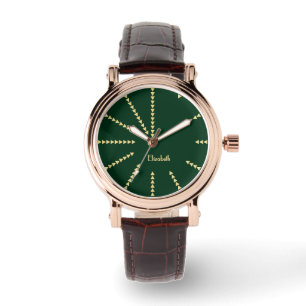 Relógio Molho De Couro Verde Rosa Dourado Monograma