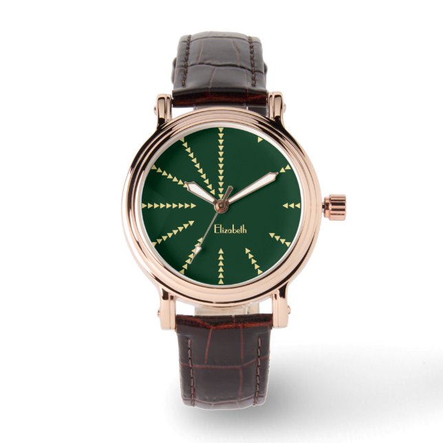 Relógio Molho De Couro Verde Rosa Dourado Monograma (Frente)