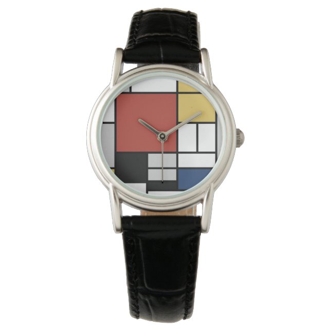 Relógio Mondrian Painting Red Plane Yellow Black Cinza Blu (Frente)