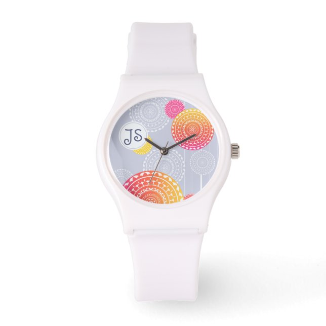 Relógio Monograma Aleatório de Mandala Amarelo Vibrante (Frente)