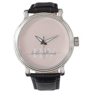 Relógio Monograma Branco Sólido, Cor-de-rosa, Pastel leve 