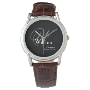 Relógio Monograma Cinza Clássico, Branco no Black Groomsma